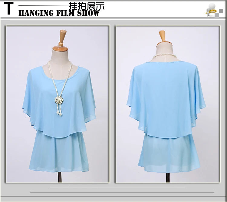 2025 Women Summer Tops Blouse Fashion Elegant Ruffle Batwing Sleeves Chiffon Shirt Loose Casual Clothing blusas mujer de moda