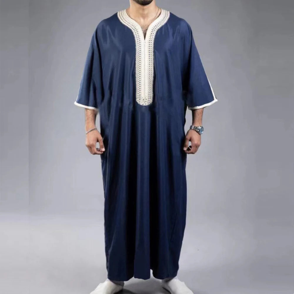 2024 New Islamic kaftan White Muslim short sleeve embroidered garment Embroidered short sleeve