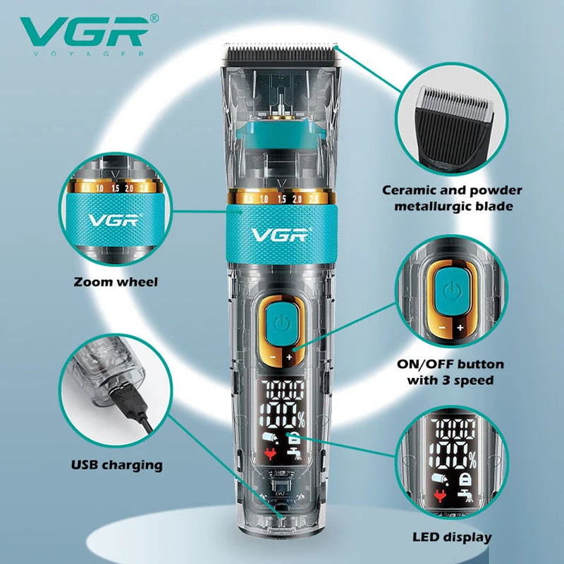 Original VGR Professional Hair Trimmer Cordless Barber Hair Clipper For Men Washable Beard Hair Cutting Machine Rechargeable Set