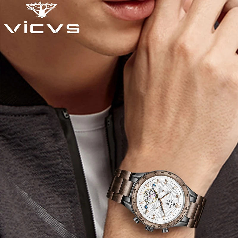 VICVS Walnut Men's Mechanical Watch for Him, Wooden Watches, Best Man Watches, Boyfriend Gifts, Dad Gifts Mechanical Watches