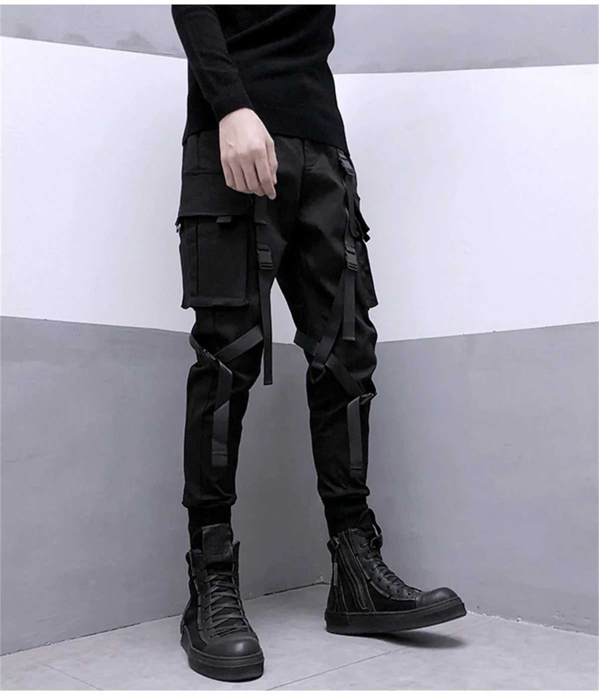 Black Cargo Pants Hip Hop Joggers Men Loose Harem Pants Multi-pocket Ribbon Men's Pants Trousers Streetwear Sport Pants for Men