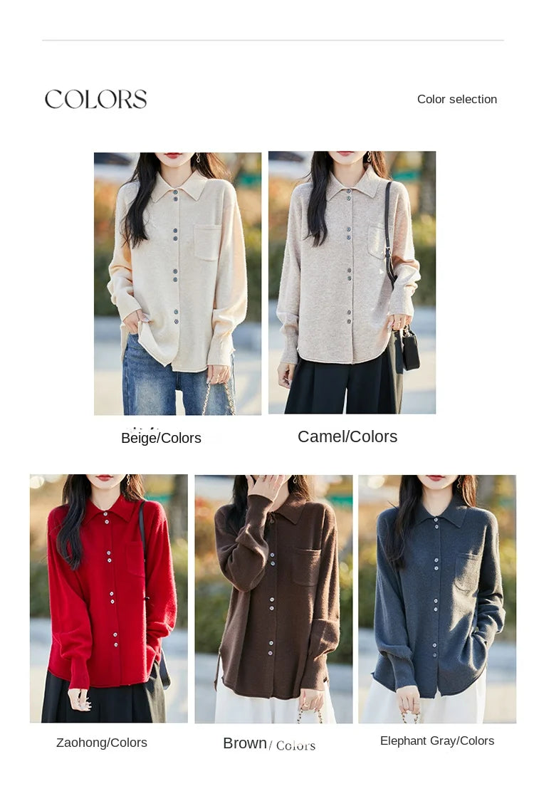 POLO Collar Wool Sweater 100 Pure Wool Spring And Autumn New Knitted Women Loose And Slimming Cardigan ZA682
