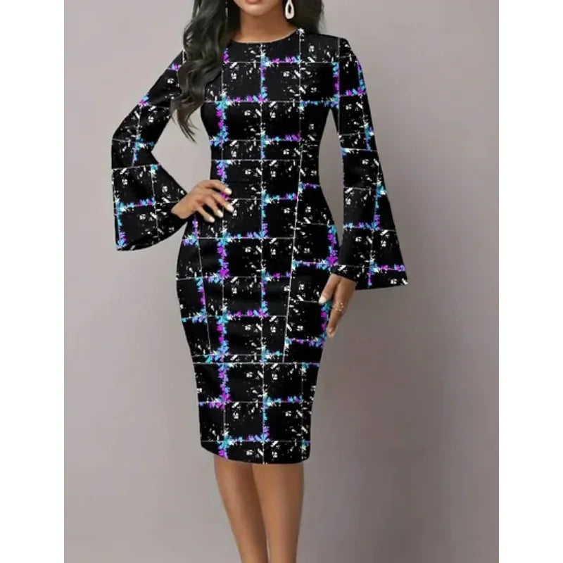 Elegant Night Out Dress Black White Graphic Print Bodycon Midi Dress with Dramatic Flare Sleeves Modern Dress for City Night Out