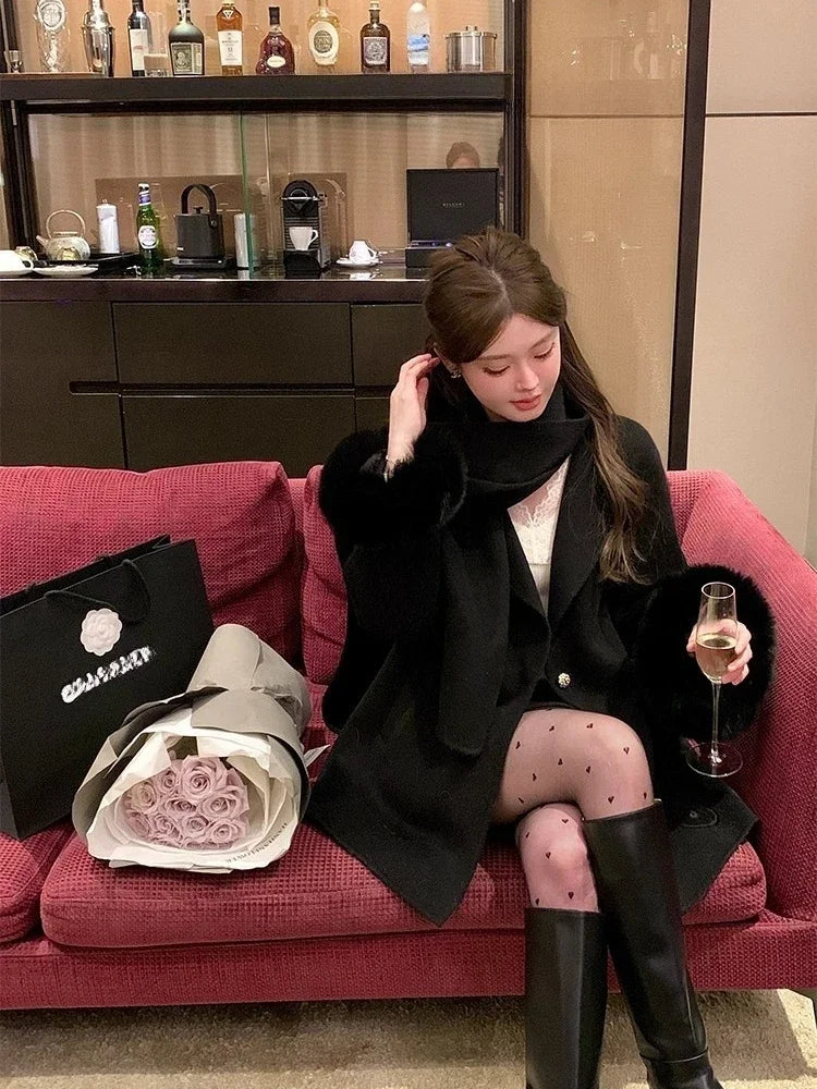 Elegant Wool Coat Warm Women Double Faced Luxury Real Fox Fur Sleeves 100 Wool Scarf Autumn Winter 2025 New Fashion Trench Coat
