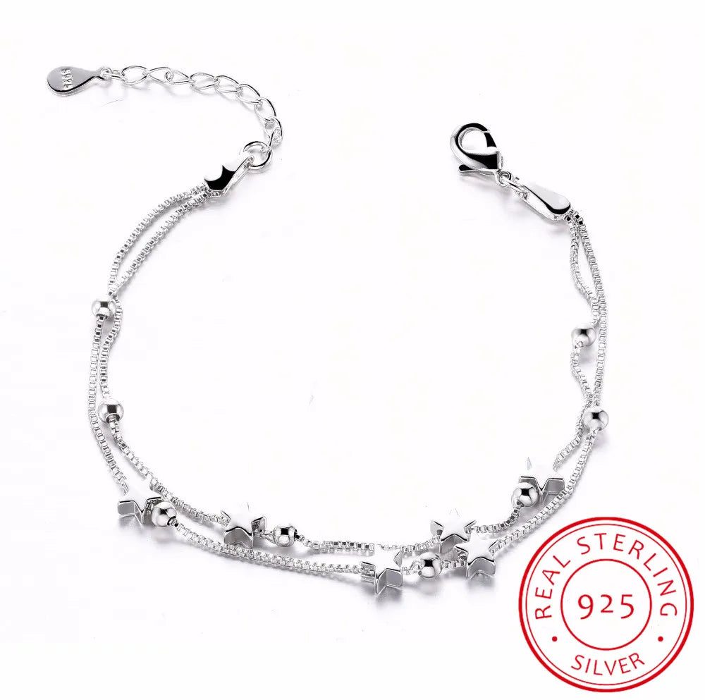 925 Sterling Silver Star Bracelets & Bangles New Fashion Silver Double Layer Chain Bracelet For Women sterling-silver-jewelry