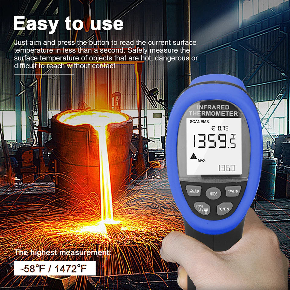Infrared Thermometer Non-Contact Digital Laser Temperature Gun with -50°C~800°C, Adjustable Emissivity for Cooking/BBQ/Freezer