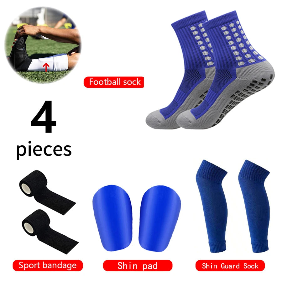 4 Pieces Football Accessories Outdoor Football Socks Non-slip Sports Socks Bandages   Shin Pads Calf Compression Socks