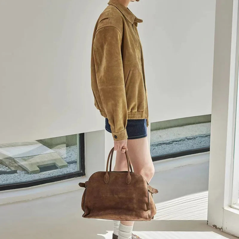 Brown Suede Jacket Spring Women Sheepskin Vintage Old Money Style Wide Shoulder Casual Baseball Leather Coat Giacca Pelle Donna