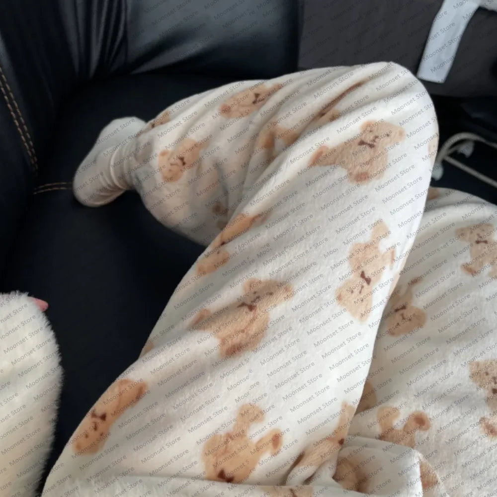 Pajama pants cute flannel trousers for autumn and winter warm fashionable loose casual cartoon and home women's trousers
