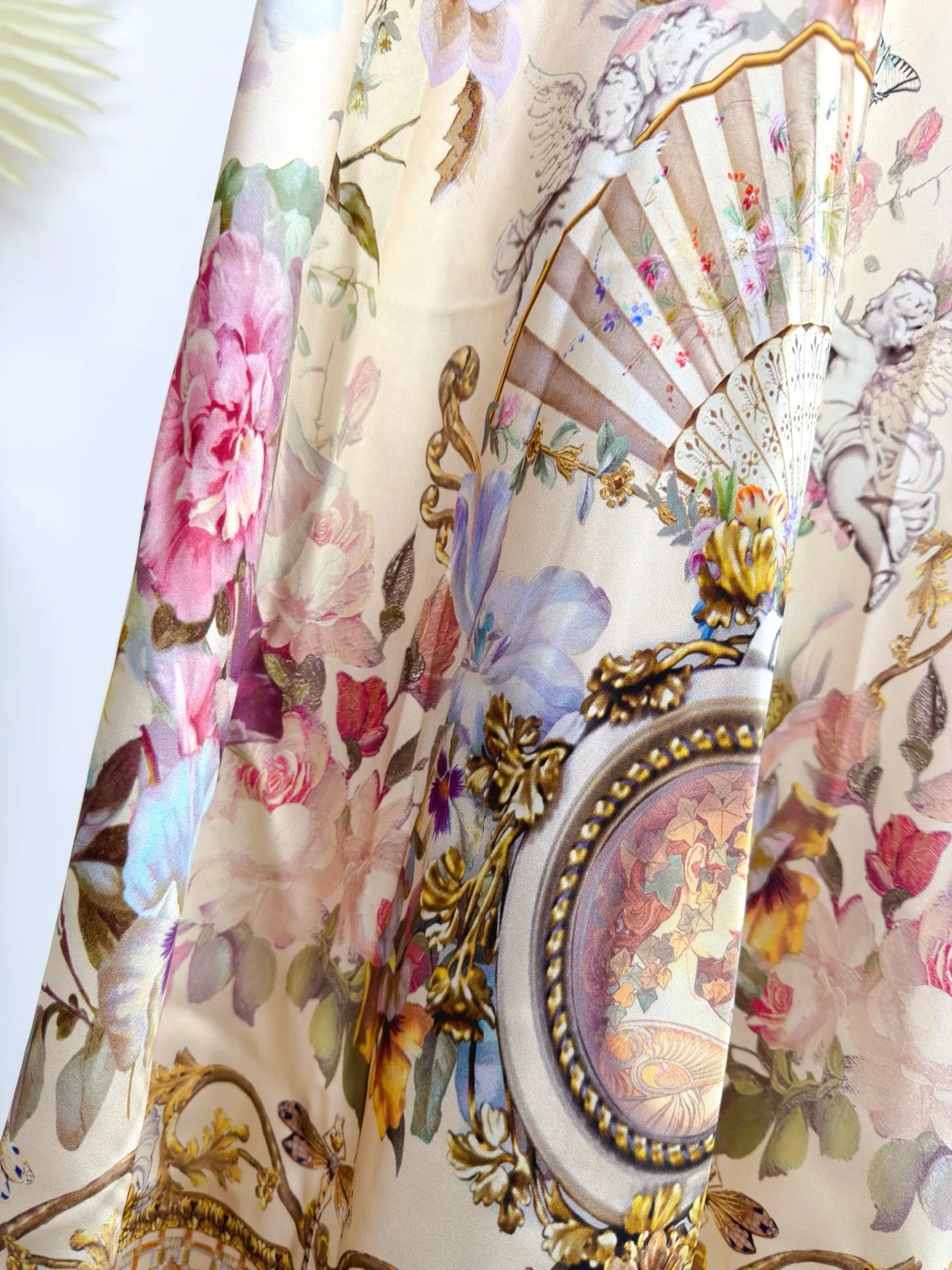 Women Silk Flower Printed Long Dress Heavy Beaded V-Neck Lantern Sleeve Loose Female dress