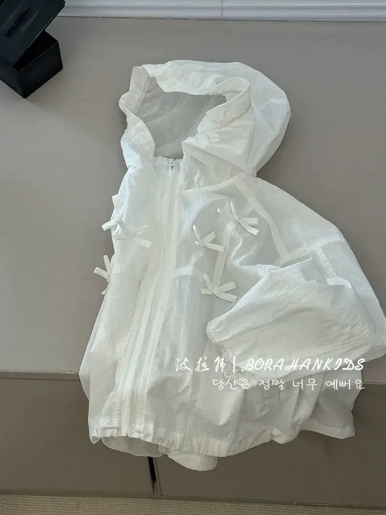 New Thin Bow Jacket for Junior Girls Spring Summer 2025 Children's Loose Sunscreen Clothing Teen Girl Outerwear Hooded White Top