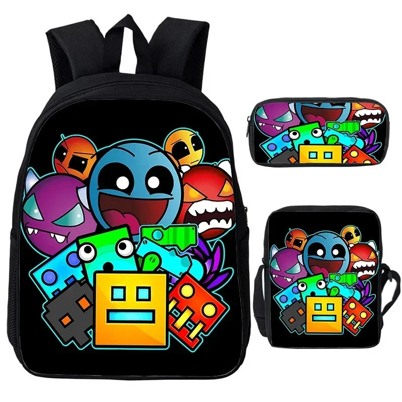 Large Capacity Bookbag 3pcs Set Boys Girls School Bags Angry Geometry Dash Cartoon Print Children Backpack Back To School Gifts