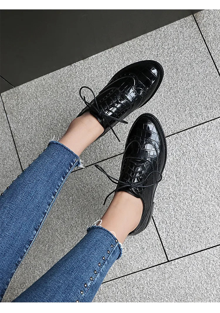 Women Shoes Spring New Fashion Round Toe Lace Up Retro Single Shoe for Office Party Walk Thick Low Heeled Big Size 48 775-1