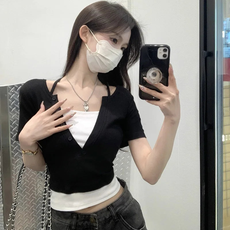 Summer Women Sexy Club Bodycon Tops Lady Hanging Neck Crop Short Sleeved T-shirts Female Fashion Comfortable Black Gray Clothes