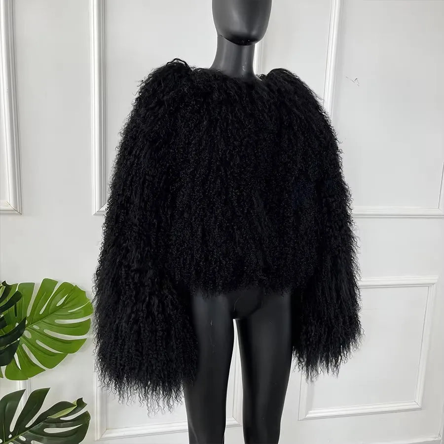 Real Sheepskin Coats Mongolian Lamb Fur Coat Women Natural Sheep Fur Jacket With Lapel Short Fur Outerwear