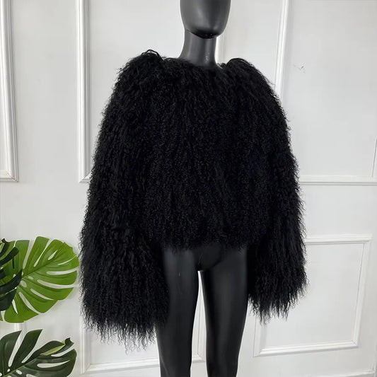 Real Sheepskin Coats Mongolian Lamb Fur Coat Women Natural Sheep Fur Jacket With Lapel Short Fur Outerwear