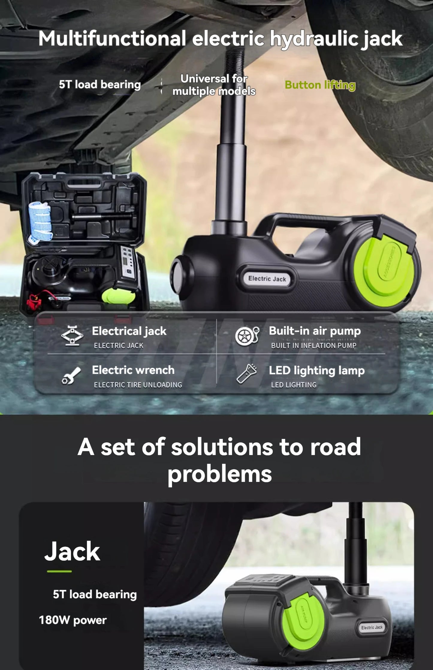 5 Ton Electric Car Jack  with Electric Impact Wrench, Built-in Inflatable Pump Hydraulic Jack Lift Portable Car