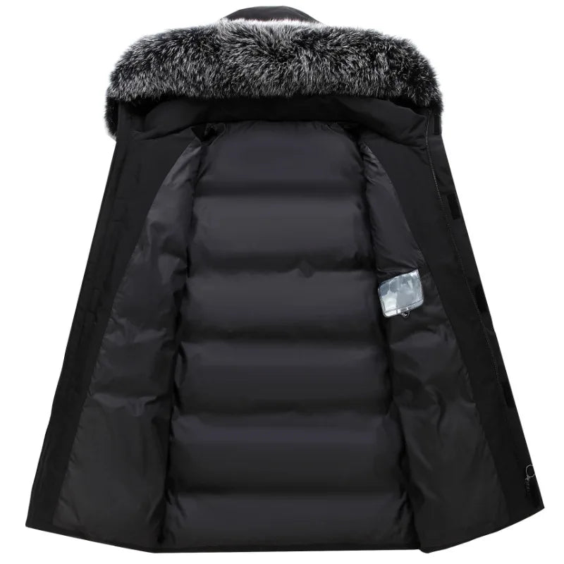 Winter New Men's Mid to Long Down Jacket with Hood Big Fur Collar Thick Warm Coat Winter White Duck Down Windproof Parka Korean
