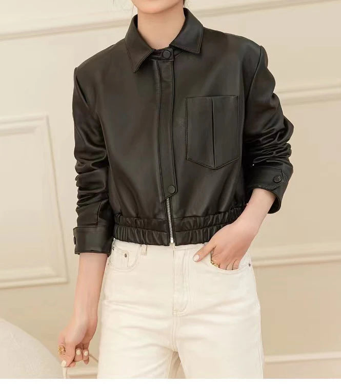 European 2025 New Fashion Short Leather Jacket For Women Casual Elastic Band Waist Top Clothing Mujer Varsity Claret Veste