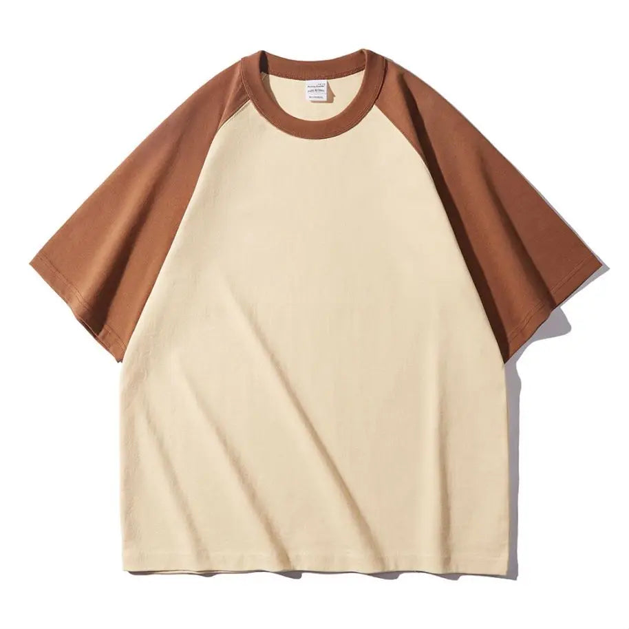 Mens 100% Heavy Cotton T-Shirt 300gsm Oversized Casual Stitching Color Tee Round Neck Loose Fit Knitted Tops Fashion Streetwear