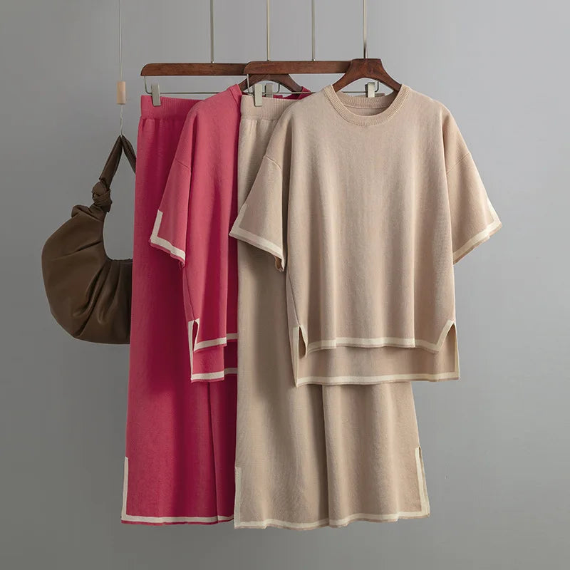 Pants Set Women Two Piece Sets Short Sleeve Spring Knit Tops Loose Casual Wide Leg Long Pants High Waist Y2k Streetwear Spring