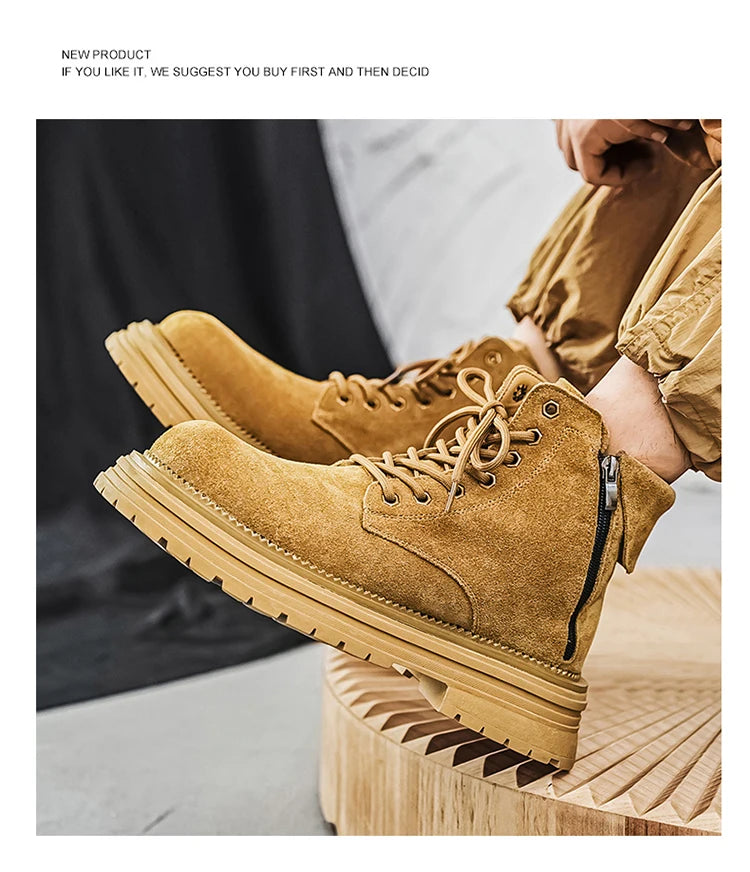 Men's high-quality suede horse boots outdoor casual leather boots thick soled English style short boots fashionable work boots