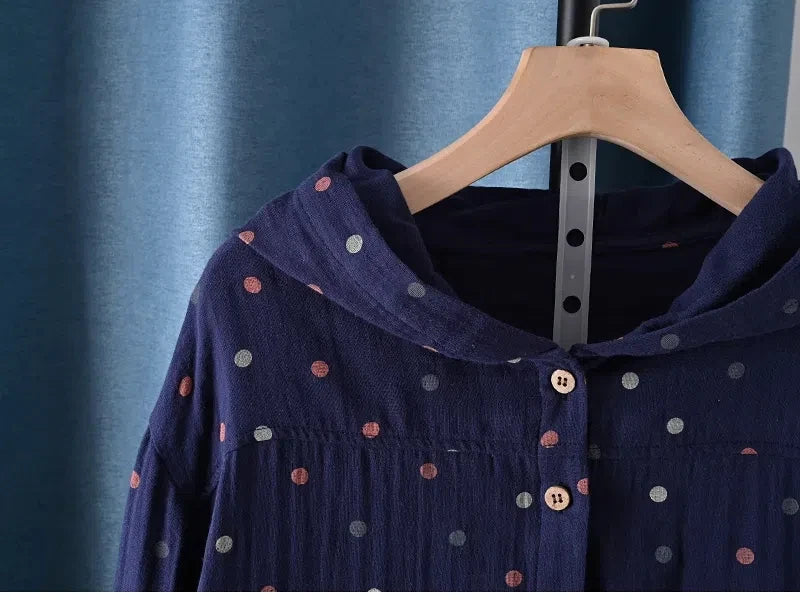 2025 Middle-aged women's clothing 100% cotton yarn hoodies polka dot print shirts long sleeve blouses for women hooded tops