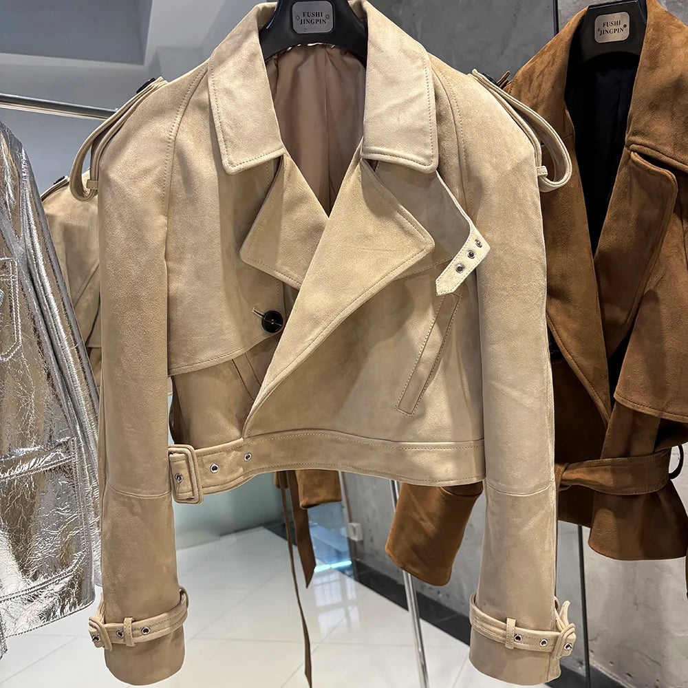 YOLOAgain Burgundy Suede Jacket Women Genuine Sheepskin Leather Jacket Coat