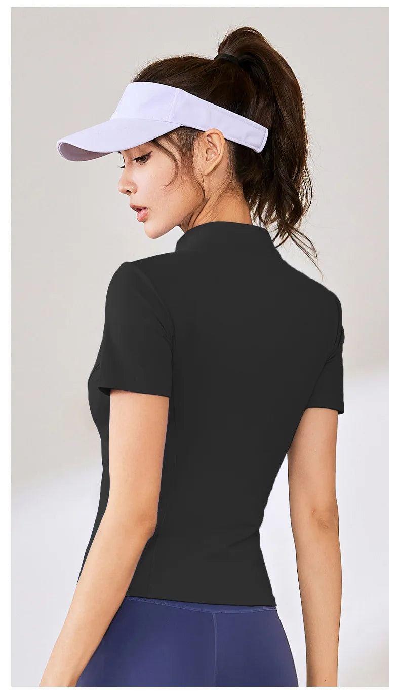 Summer High Quality Waist Slimming Training Tops Women's Quick-drying Tight Stand Collar Full Zipper Short Sleeves Yoga shirts