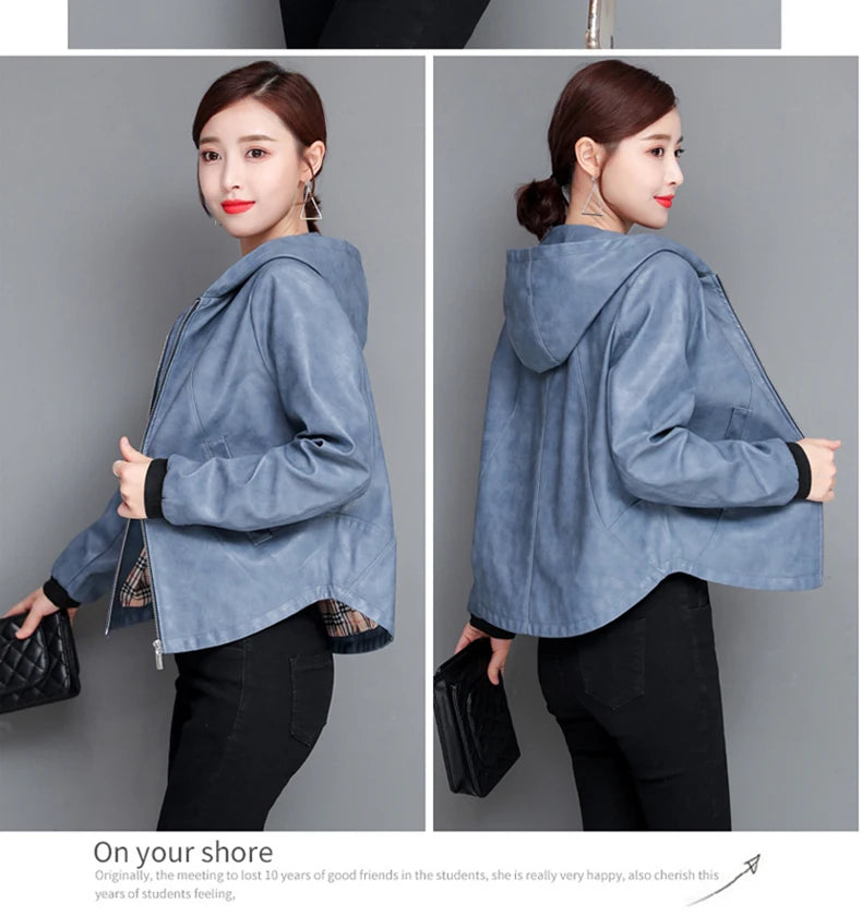 New Women Casual Leather Jacket Spring Autumn Fashion Hooded Zipper Split Leather Loose Outerwear Short Sheepskin Tops Coat