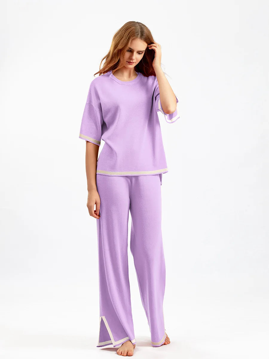 Pants Set Women Two Piece Sets Short Sleeve Spring Knit Tops Loose Casual Wide Leg Long Pants High Waist Y2k Streetwear Spring