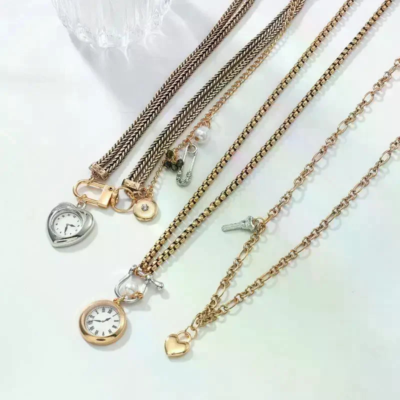 Necklace with Fashion Pin, Button Key, Heart Pendant for Women; Bohemian Multi-Strand Clavicle Chain Accessory