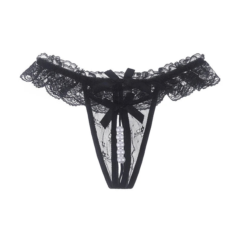 Thong Women Open Crotch Pearl Embellished Sexy Lace Underwear Fashion Lingerie Set Valentine Gift for Her
