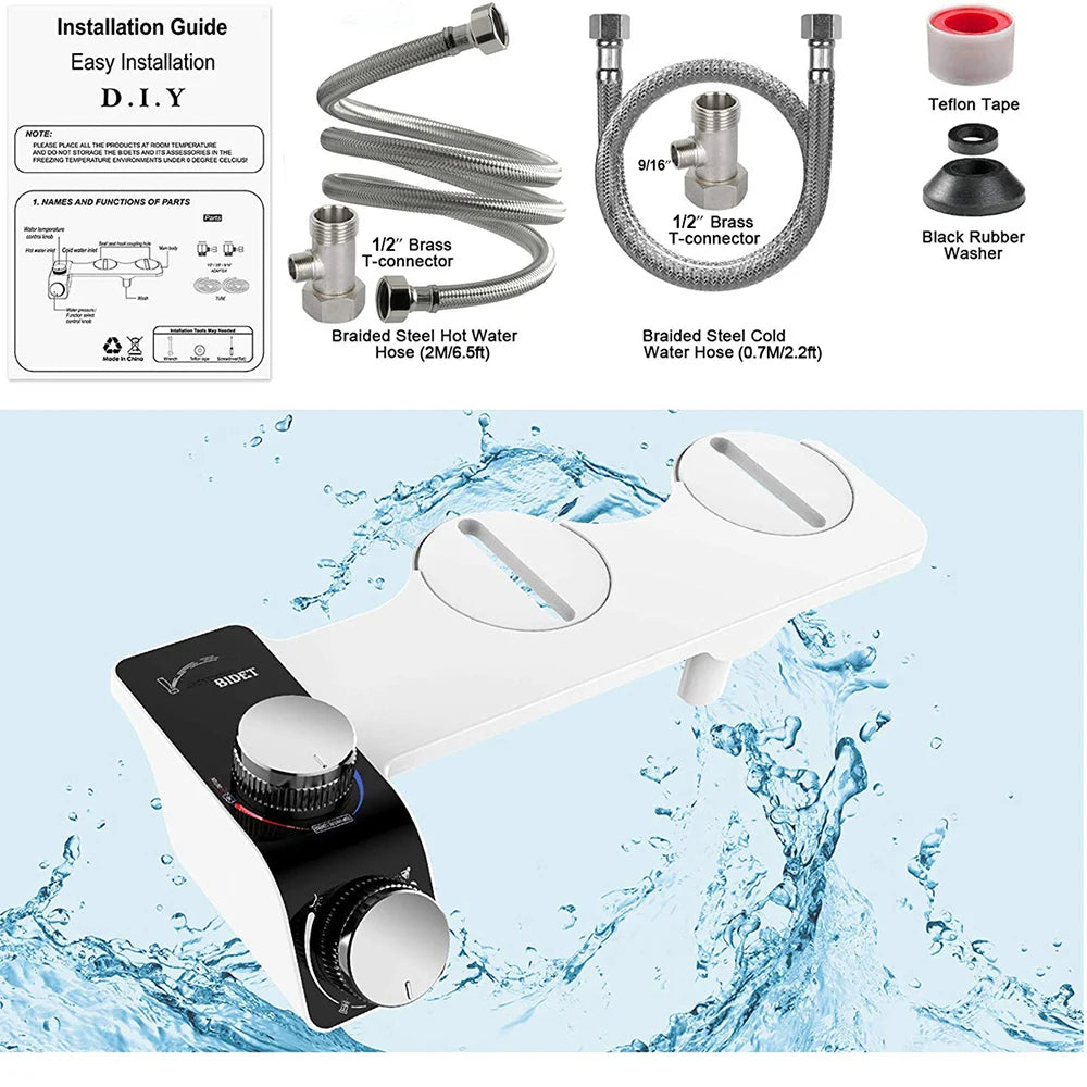 Bidet Attachment Self-Cleaning Double Nozzle Toilet Seat Adjustable Water Pressure Bidet Sprayer With Hose Non-Electric EU/US/AU