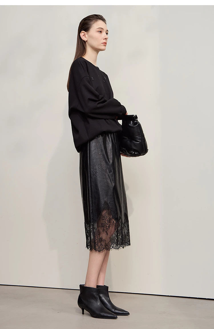 AMII Women's Skirt 2025 Autumn New Minimalist Versatile Clothing Ladies Leather Splicing Lace Solid A-line Midi Skirt 12543095