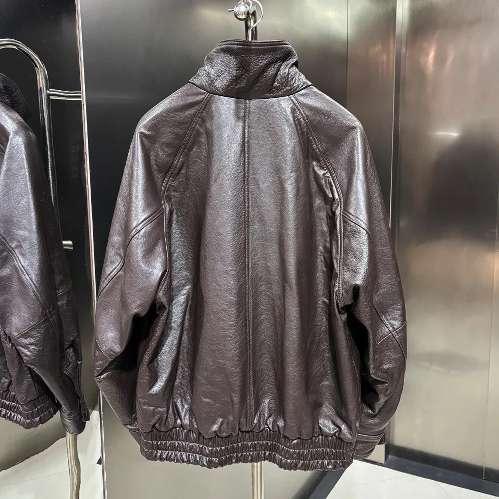 2025 Black Grained Leather Jacket Oversized Leather Coat Stand Collar Real Sheepskin Coat