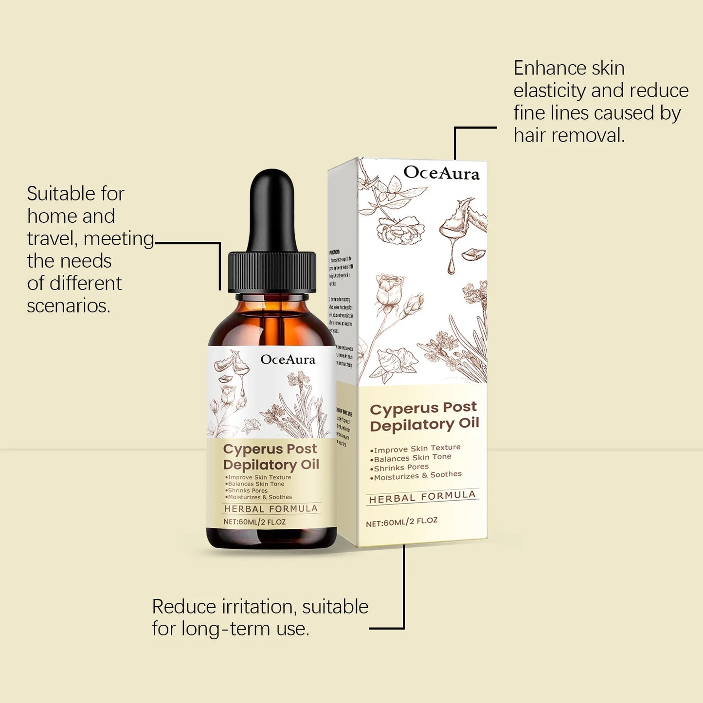 Post Hair Removal Oil - Moisturizing Skin Care Oil With Cyperus Extract For Smooth Hydrated Skin After Depilation