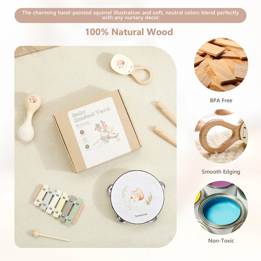 Montessori Musical Instruments for Children Wooden Baby Toys Child Musical Instrument Toddler Toys Squirrel Instrument Sets Gift