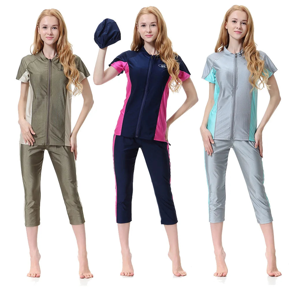 Elegant Islamic Women Swimsuits Long Sleeved Bodysuits+skirt+hat 3pcs Bathing Swimming Suit Muslim Sexy Girls Beachwear S-xxxl