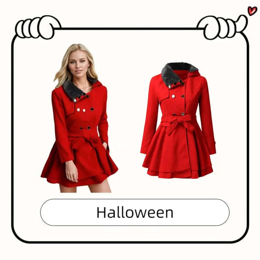 European and American Women's Wool Coat with Wide Skirt Hem and Fur Collar Women's Double-Breasted Wool Trench Coat