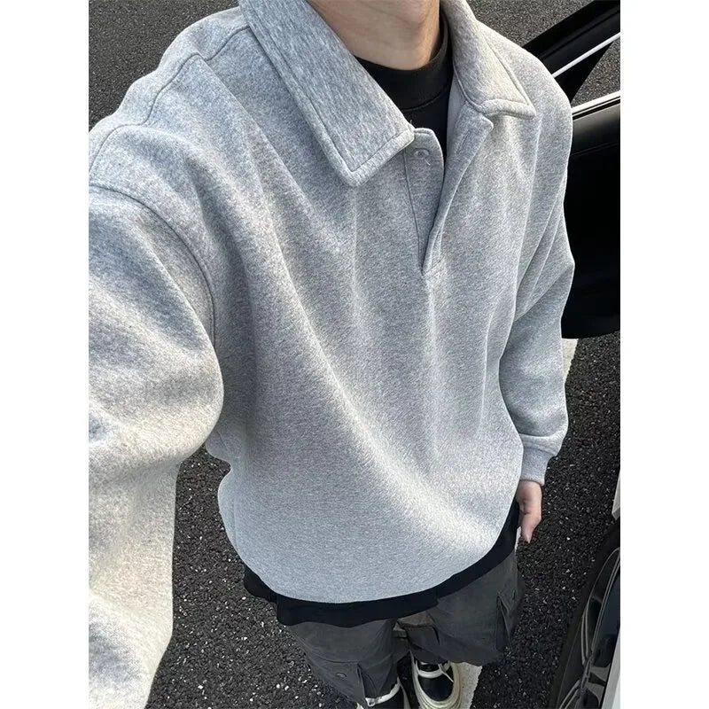 Polo Collar Sweatshirt Men's Spring Autumn Style Long-sleeved Bottoming Shirt American Retro Lapel Jacket