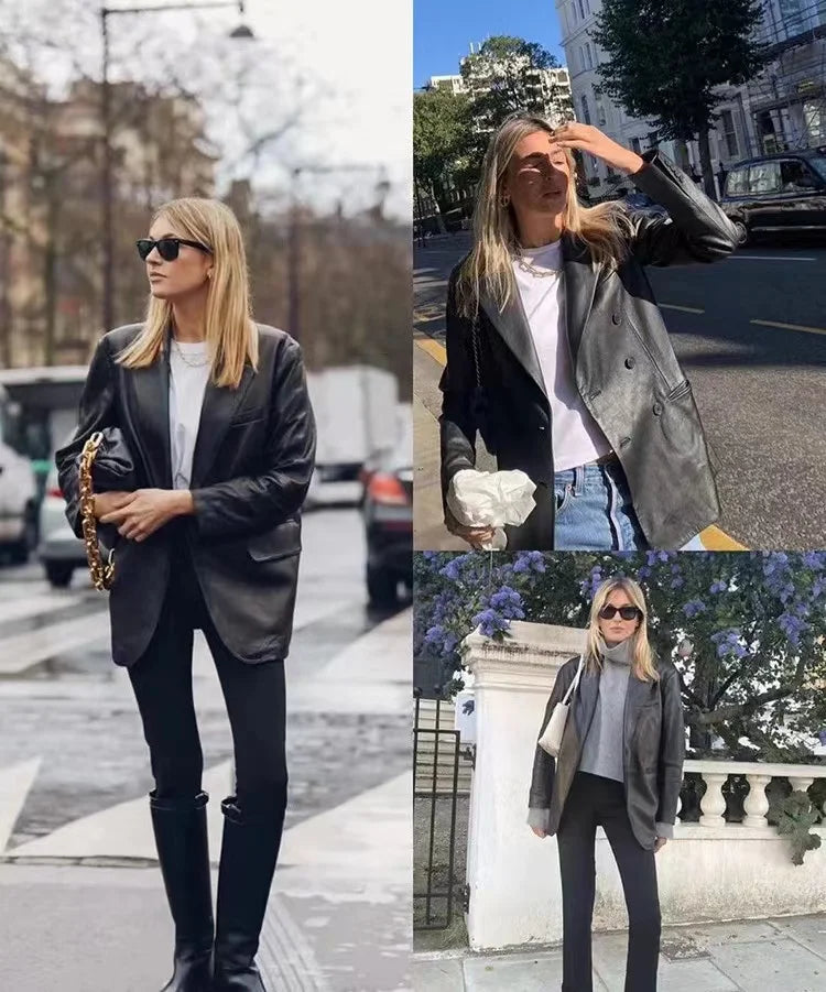 European American Streetwear Leather Jacket For Women Chic Loose Fit Suit Coat Female Flip Pocket Two Bottons White Blazer Mujer