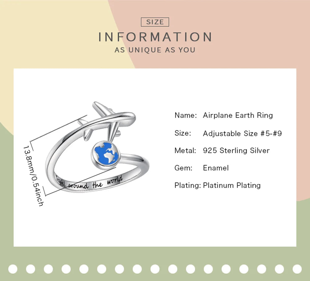 925-Sterling-Silver Adjustable Open Airplane Rings Engraved "Travel Around the Word"Engagement Ring Gifts for Women Teen Girls