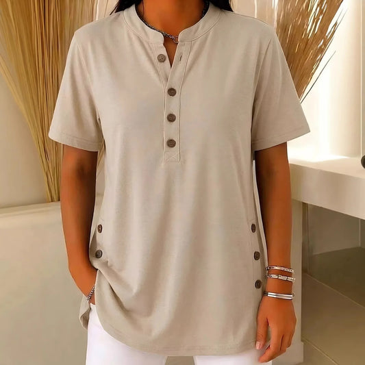 Summer Short Sleeve Loose Tops For Women Summer 2026 Fashion Solid Color V-neck Button T-shirts Tees Casual