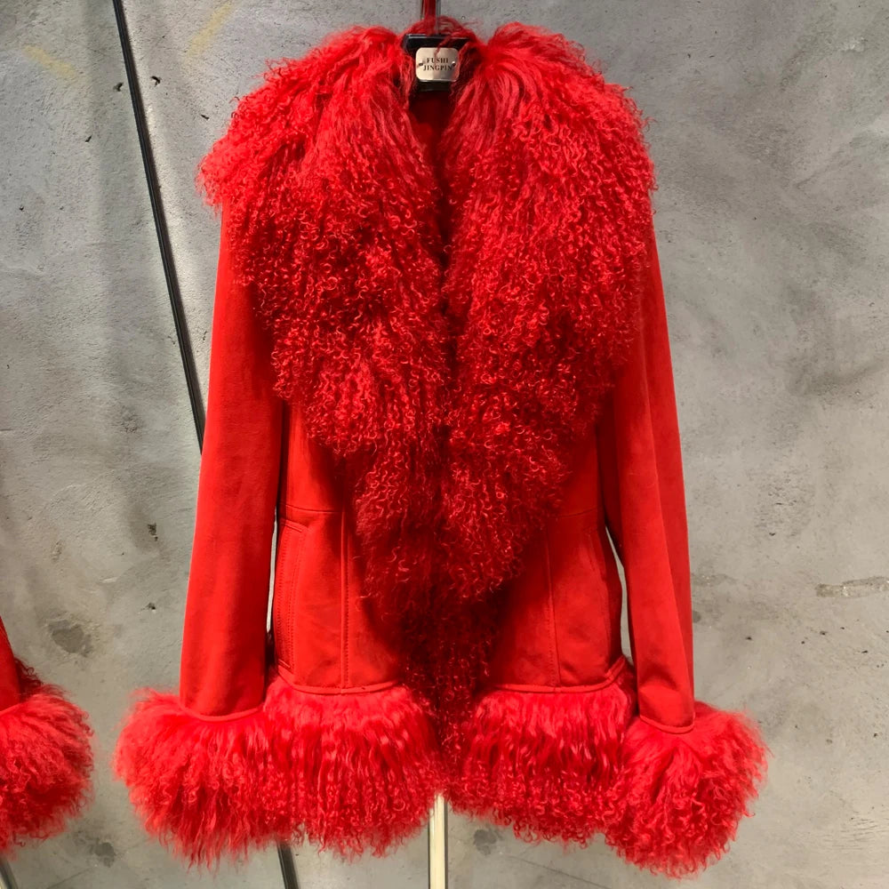 Sheep Collar Coats Women Winter Luxury Mongolian Fur Leather Jackets with Long Sleeve 7251