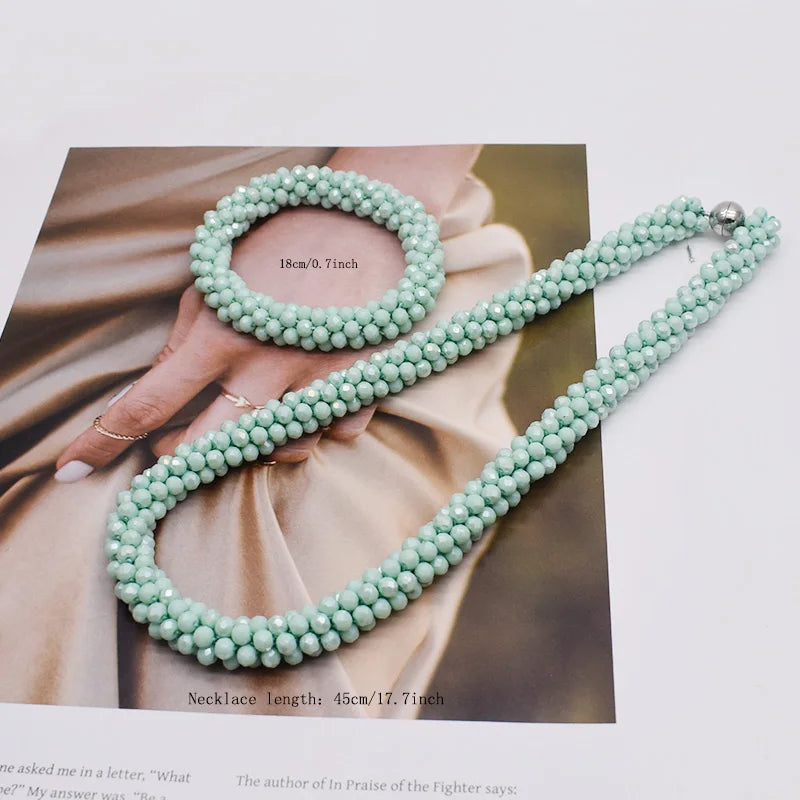 New Woven Bead Necklace Glass Beaded Bohemian Statement Necklace Bracelet Hair Accessory Set For Women Jewelry Gift