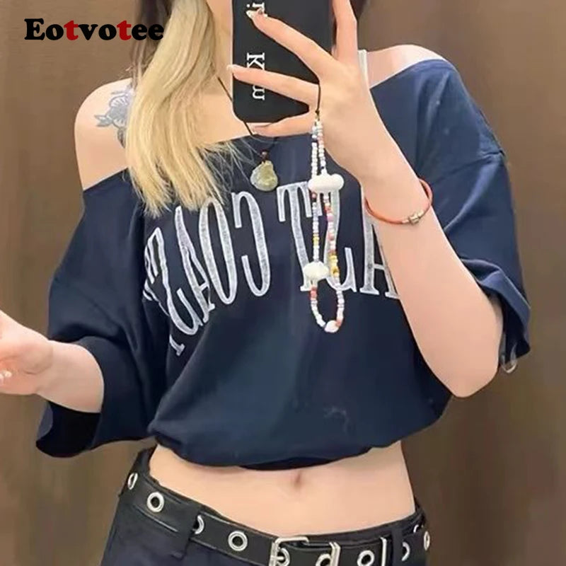 EOTVOTEE Sexy T-Shirts for Women Diagonal Collar Short Sleeve Casual Tops Spring 2025 New Fashion Female Letter Printed T-Shirts