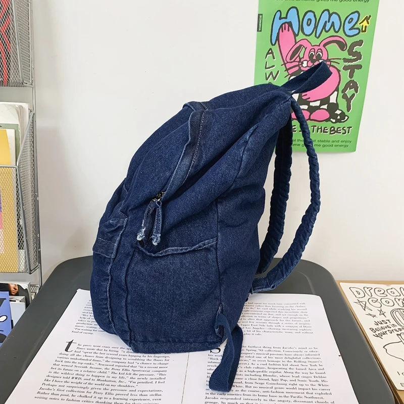 100% Cotton School Bags Solid Black Canvas Casual Backpacks Unisex Large Capacity Denim Satchels Soft Cloth Travel Packages