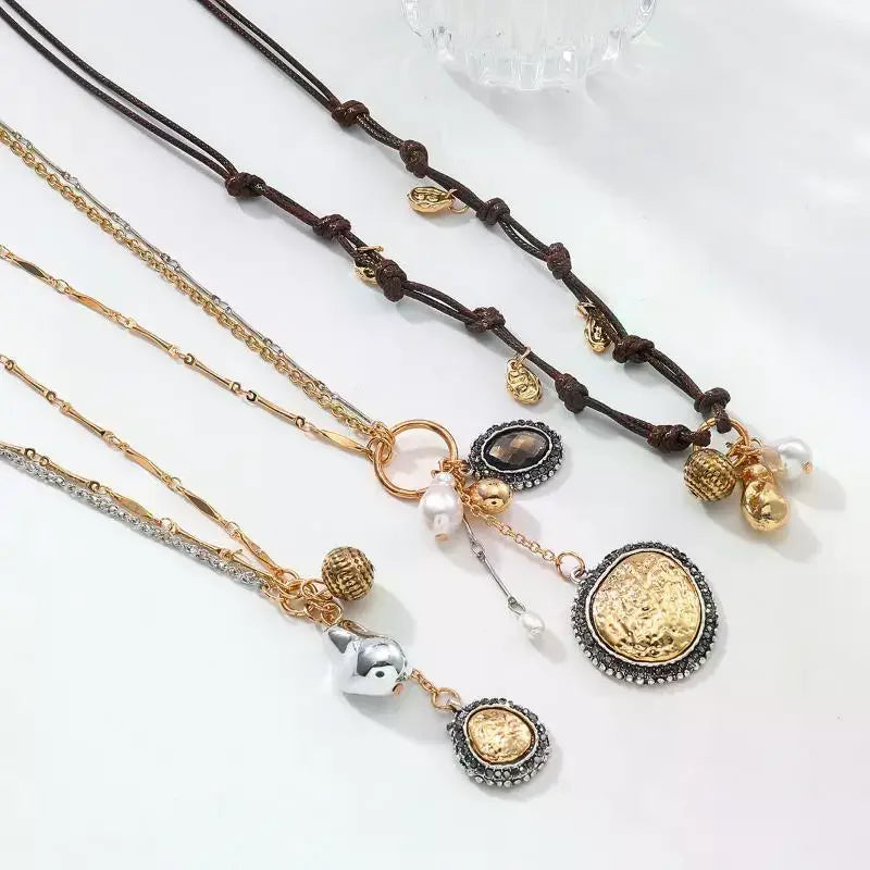 Stylish Women's Bohemian Necklace with Round Coin Badge Pendant; Multi-layer Rope Chain Party Accessory.