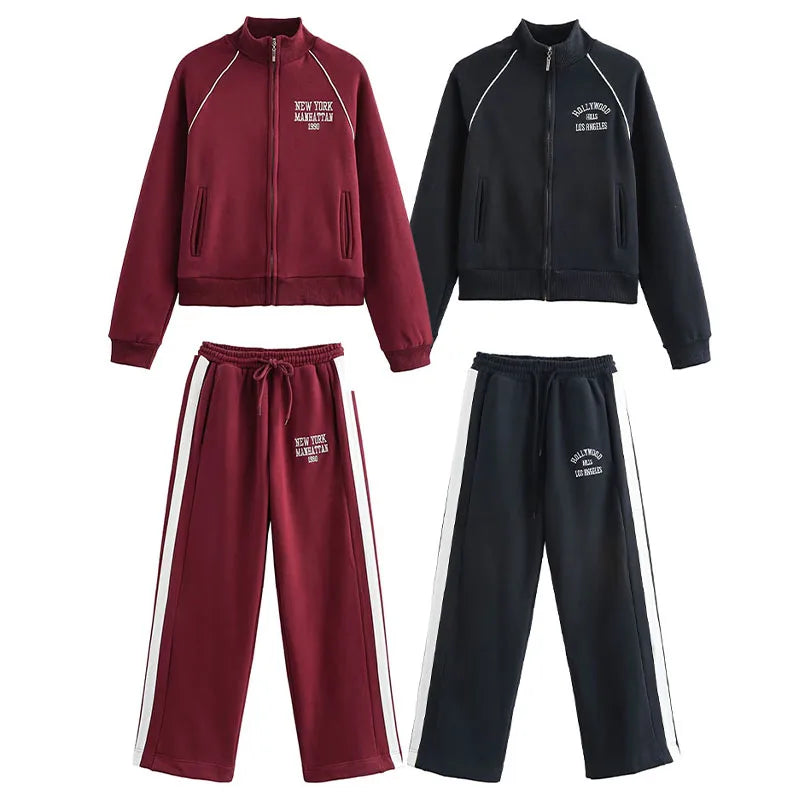 HH Women's Pant 2-Piece Set Female Fashion Versatile Printed Velvet Zip Jacket+Commuting Elastic Waist Belted Casual Pants